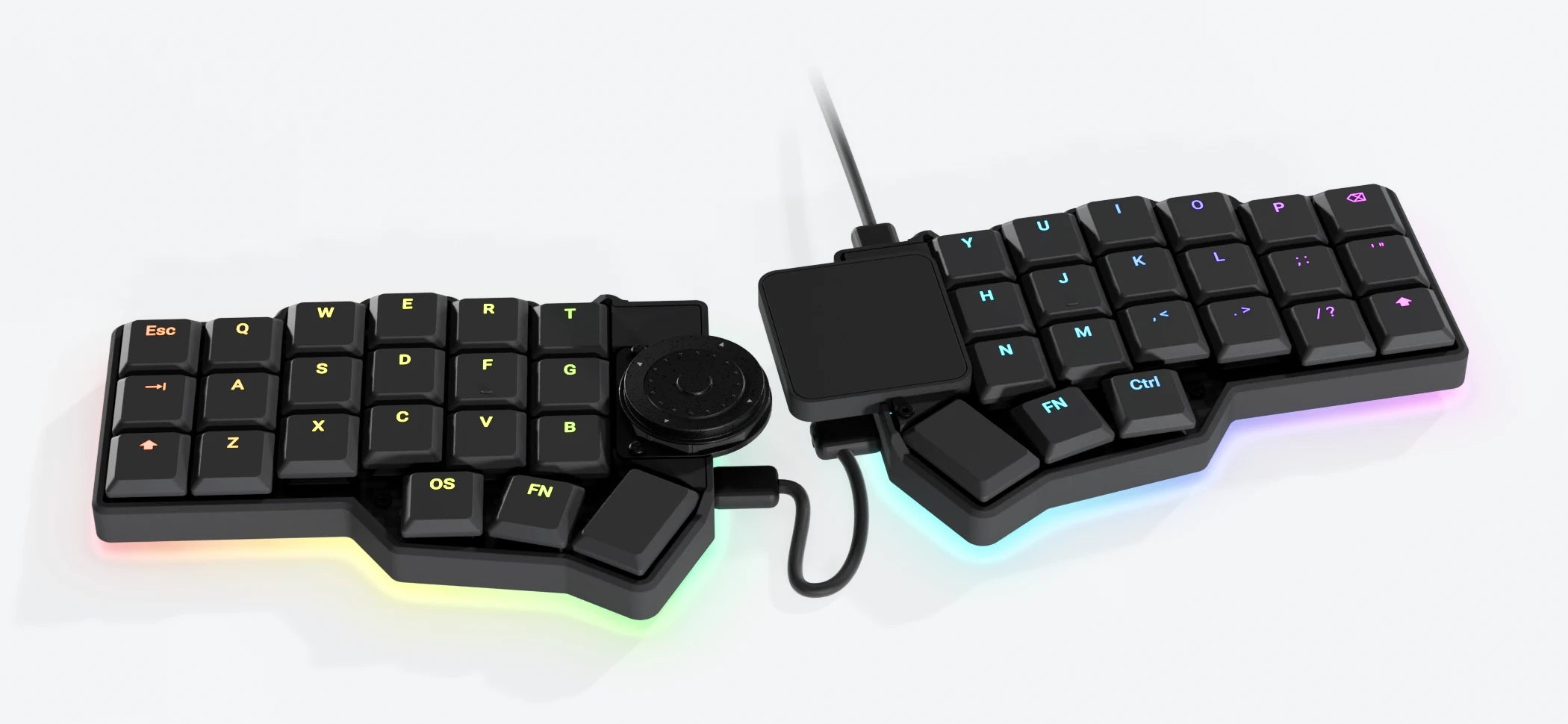 Carbon Black CornePLUS2: both halves on a white desk, linked by a short cable, rainbow underglow and legends