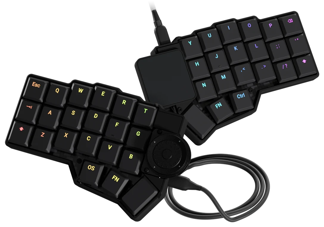 CornePLUS2 split keyboard with trackpad and spinning disc