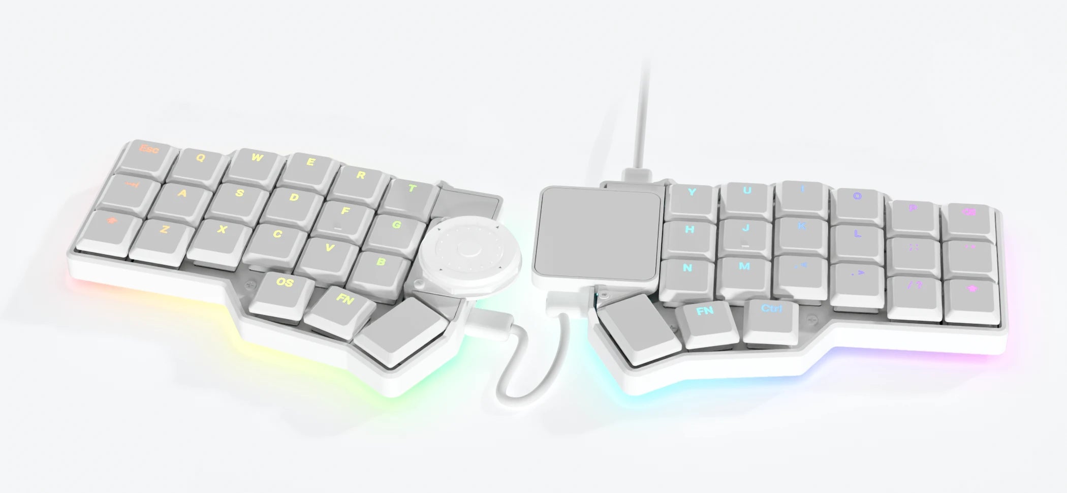 Limited White CornePLUS2: an all-white build with white braided cables, rainbow legends and underglow