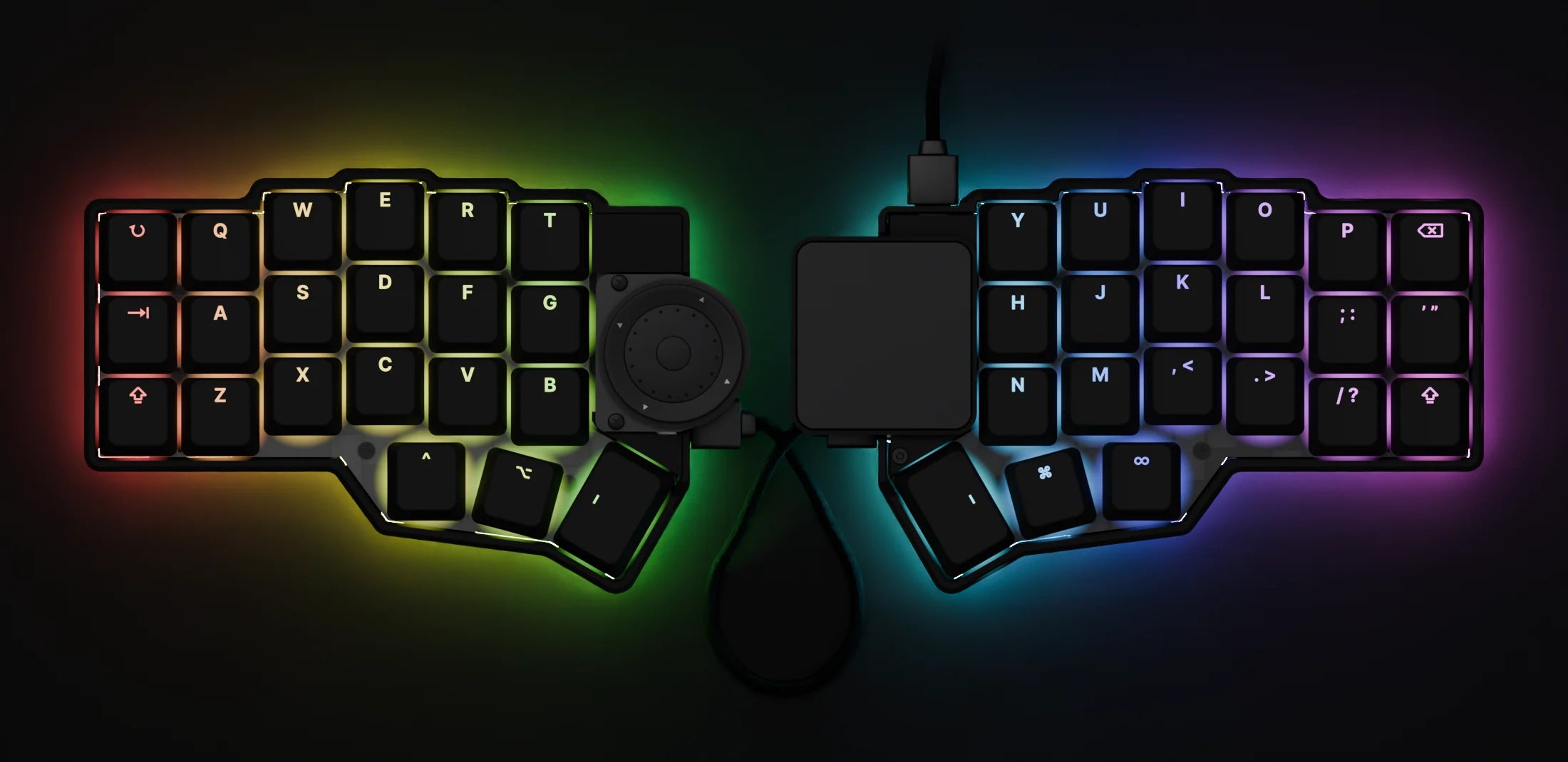 Default layer: rainbow underglow and every key lit in a rainbow