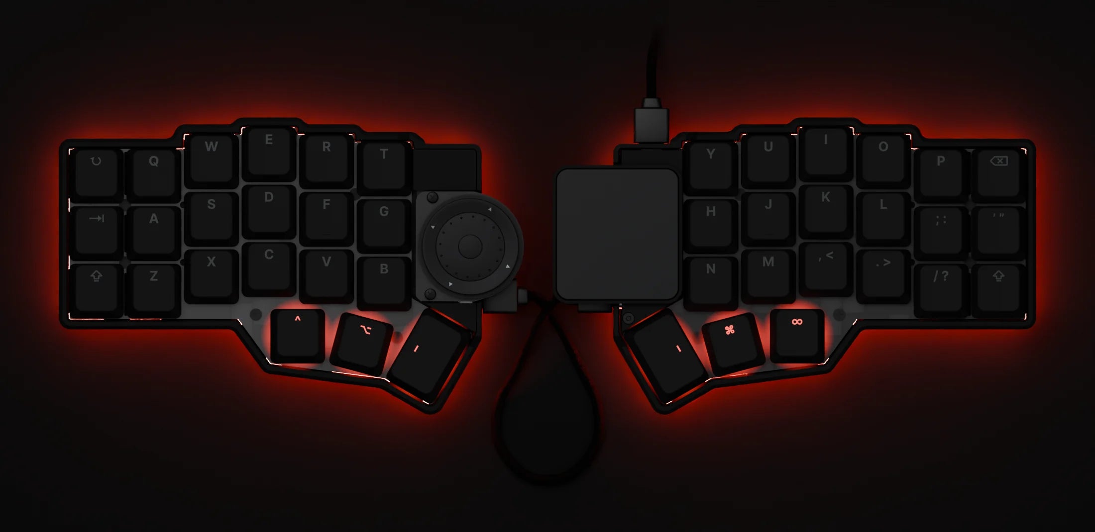 Caps Lock: red underglow, the six thumb keys lit red