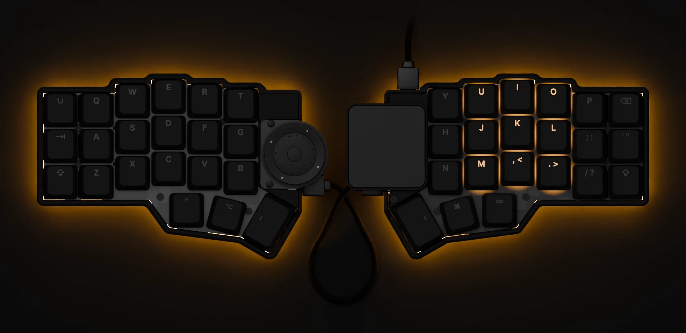 Fn 3: orange underglow, numpad keys on the right half lit orange