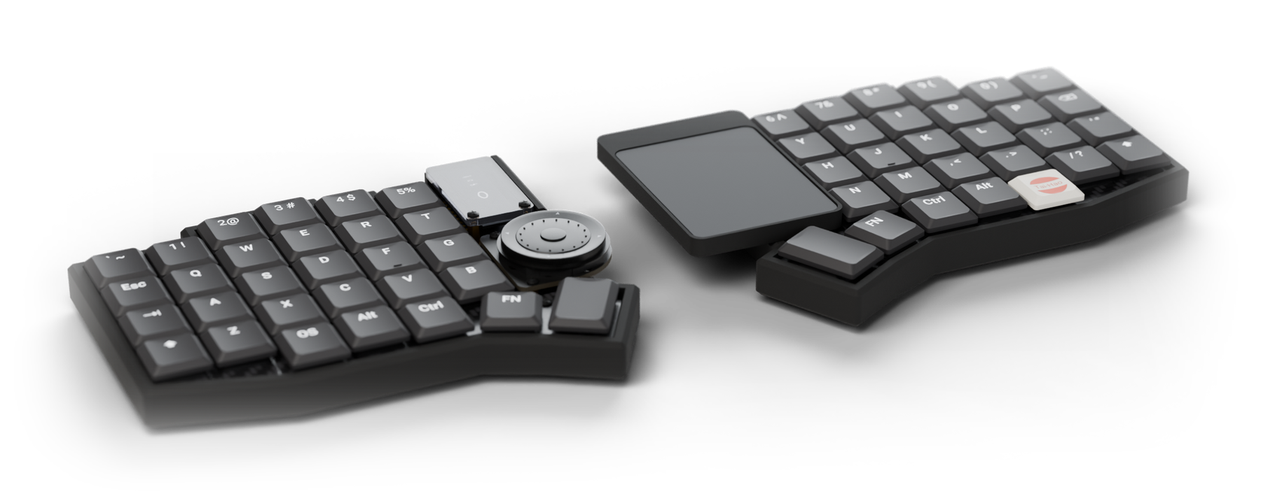 SoflePLUS2 split keyboard with trackpad and spinning disc