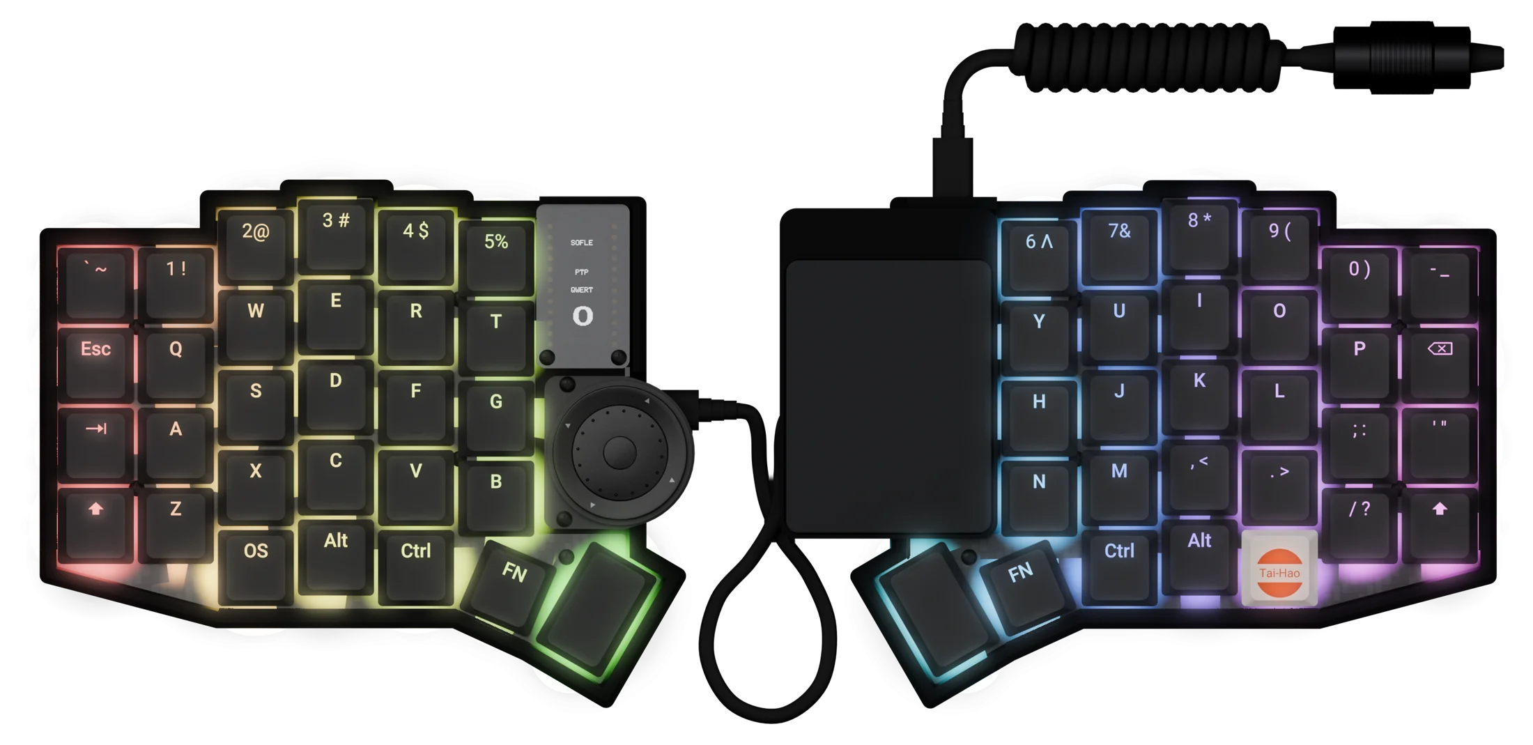 Default layer: rainbow lighting across every key, OLED shows QWERT 0