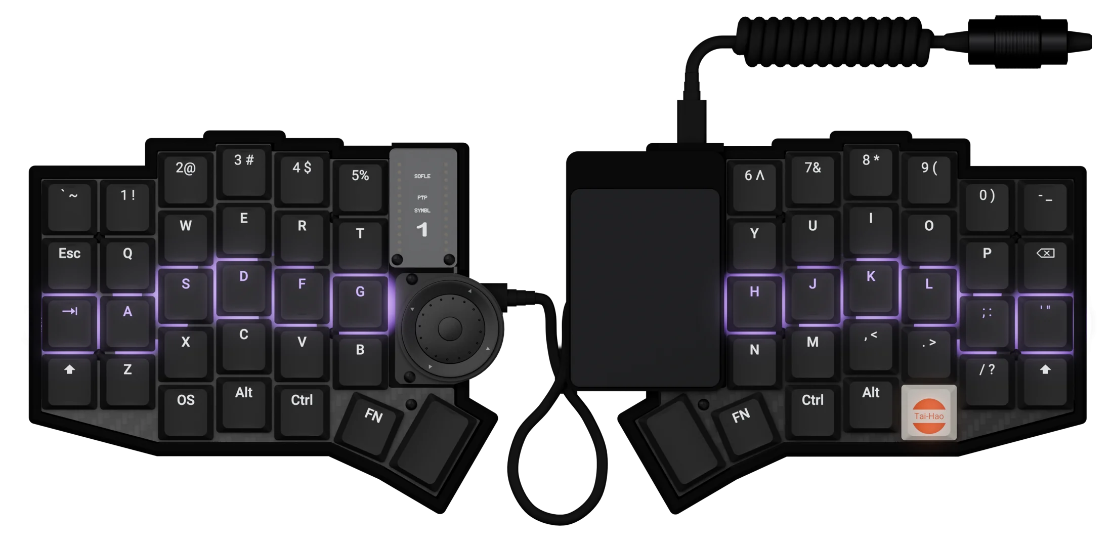 Fn 1: home row lit purple, OLED shows SYMBL 1