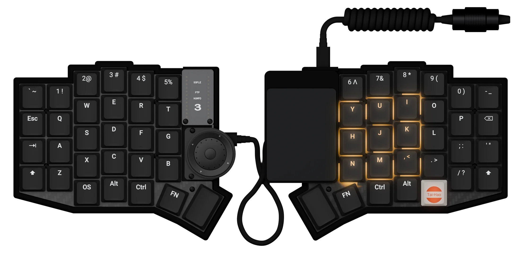 Fn 3: numpad keys lit orange, OLED shows NUMPD 3